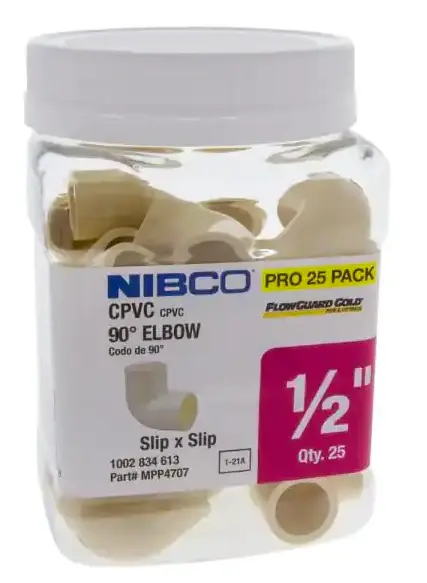 NIBCO 1/2 . CPVC-CTS Slip x Slip 90 Elbow Fitting Pro Pack (25-Pack) Damaged Box