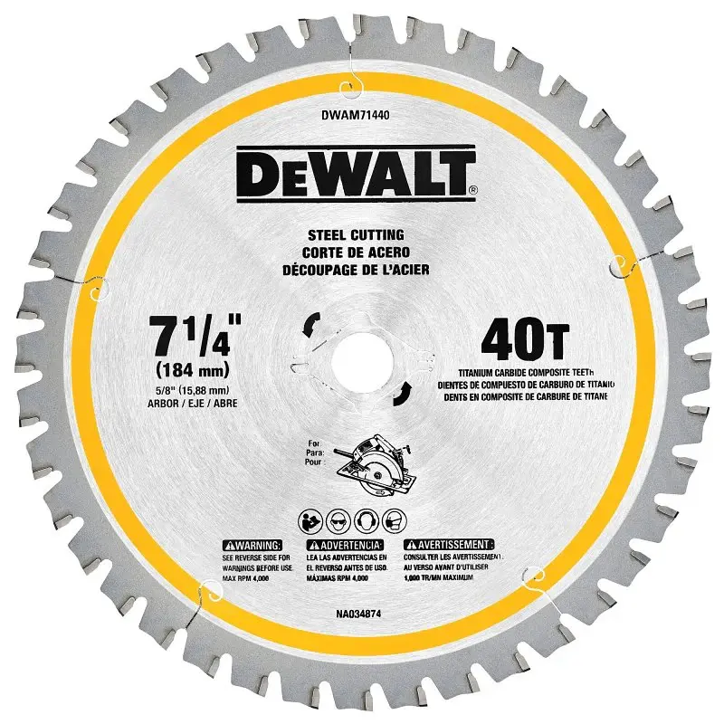 DEWALT DWAM71440 Circular Saw Blade, 7-1/4 Dia, 5/8 Arbor, 40-Teeth, Carbide Cutting Edge