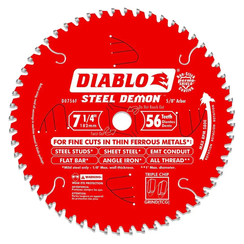Diablo Steel Demon D0756F Circular Saw Blade, 7-1/4 Dia, 5/8 Arbor, 56-Teeth, Carbide Cutting Edge