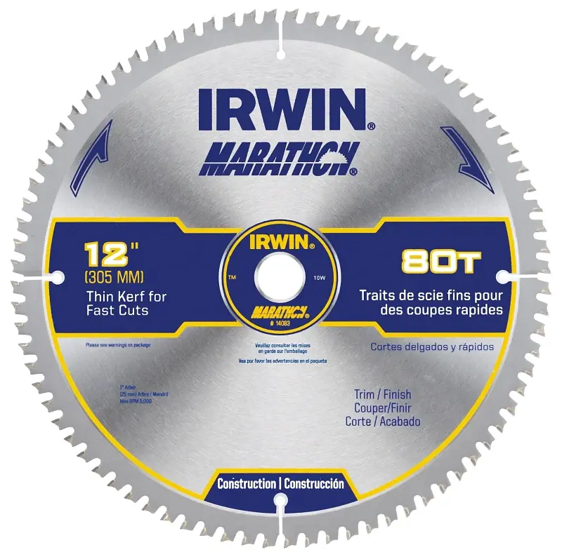 Irwin Marathon 14083 Table Saw Blade, 12 Dia, 1 Arbor, 80-Teeth, Carbide Cutting Edge