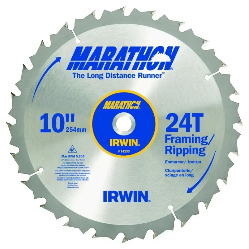 Irwin Marathon 14233 Table Saw Blade, 10 Dia, Carbide Cutting Edge, 5/8 Arbor, 24-Teeth