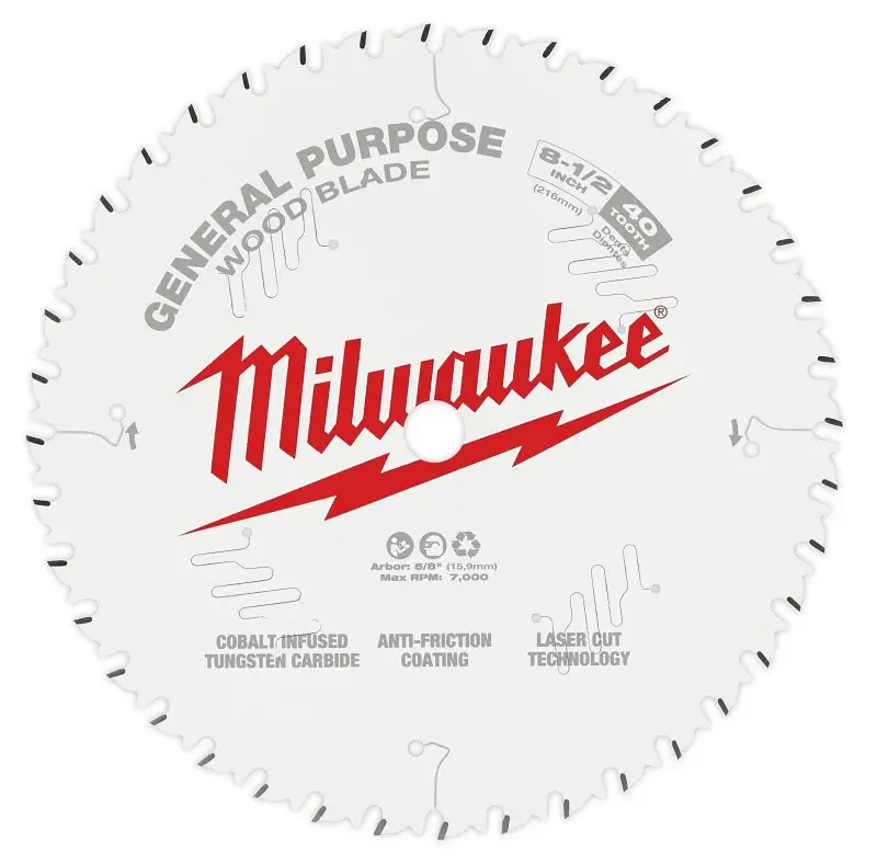 Milwaukee 48-40-0824 Circular Saw Blade, 8-1/2 Dia, 5/8 Arbor, 40-Teeth, Carbide Cutting Edge