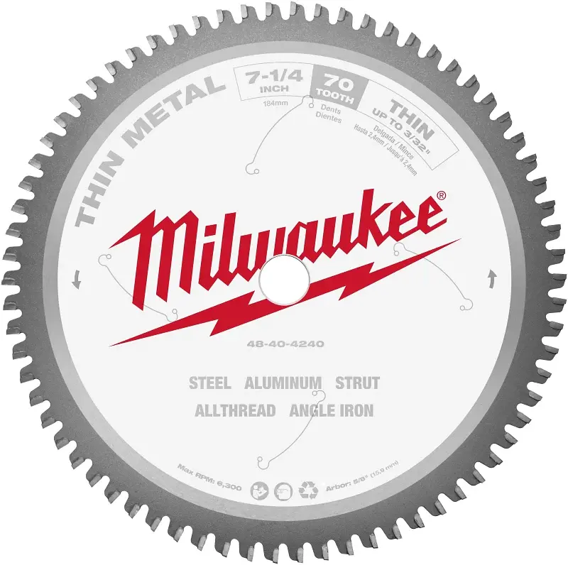 Milwaukee 48-40-4240 Circular Saw Blade, 7-1/4 Dia, 5/8 Arbor, 70-Teeth, Carbide Cutting Edge