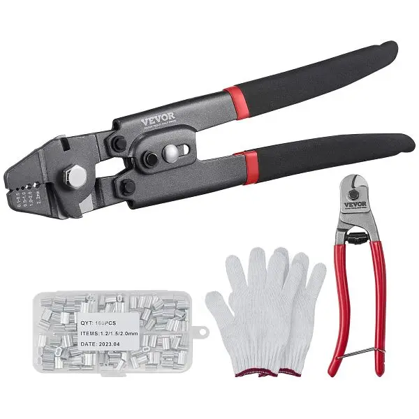 VEVOR Wire Rope Crimping Tool and Cutter, 1/64" - 3/32" Crimping Loop Sleeve Kit and 160 Each, GSSYJQGSS16409CTZV0