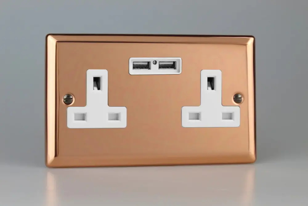 Varilight Classic Glossy Copper 2-Gang 13 Amp Unswitched Socket + 2 x 5V DC 2100mA USB Charging Ports