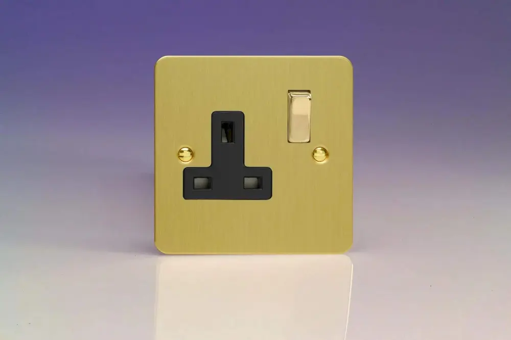 Varilight Ultra Flat Plate Brushed Warm alloy 1-Gang 13A Switched Plug Socket Black Insert XFB4DB