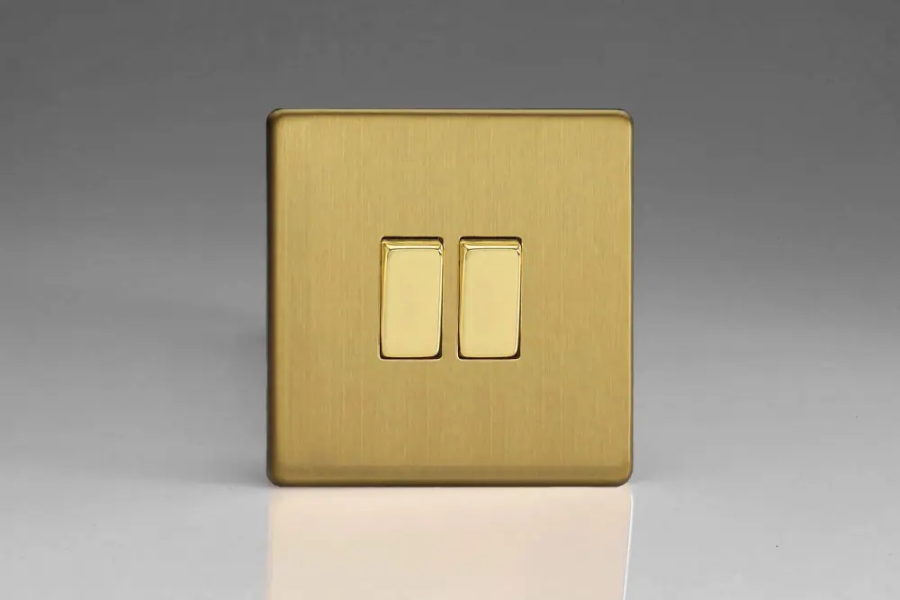 Varilight XDB2S Flat Plate Screwless Satin-brushed Brass 2-Gang Light Switch Decorative Inserts, White, 86x86x25mm