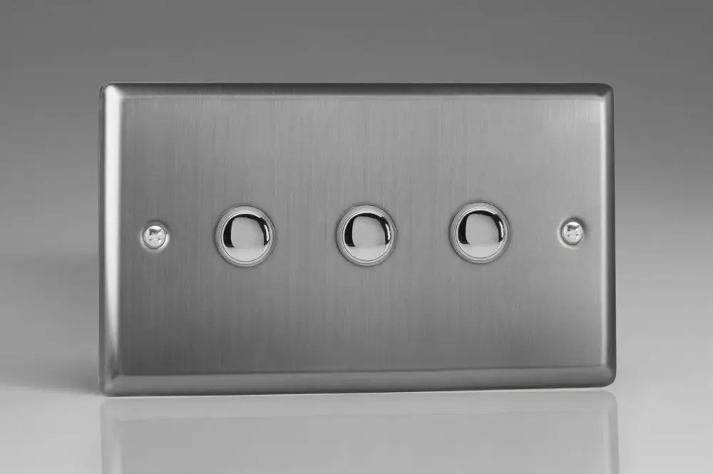 Varilight XTP3 Classic Soft-touch Steel 3 Gang 6A 1 or 2 Way Push-On/Off Impulse Switch Compatible Google Home