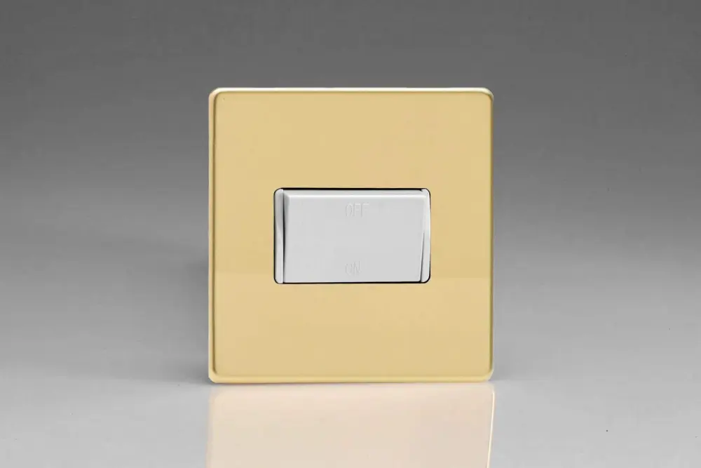 XDVFIWS Varilight Flat Plate Screwless Glossy Brass Fan Isolator Switch White Insert Lutron
