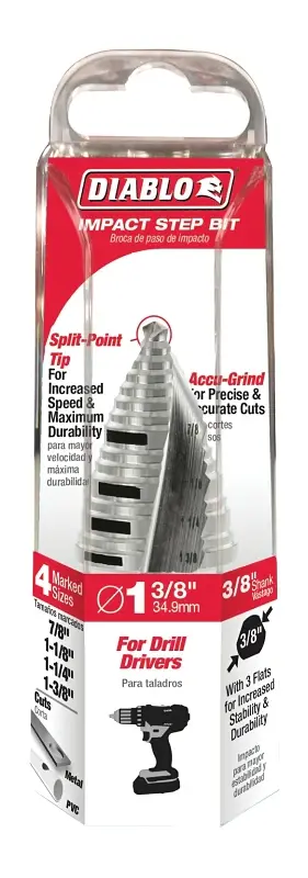 Diablo DSD1375S15 Step Drill Bit, 7/8 to 1-3/8 Dia, 2-29/32 OAL, Two-part Flute, 3/8 Dia Shank, Hex Shank