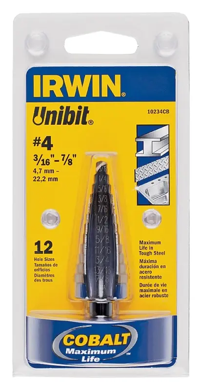 Irwin Unibit 10234 Step Drill Bit, 3/16 to 7/8 Dia, 1-Flute, 3/8 Dia Shank, Hex Shank