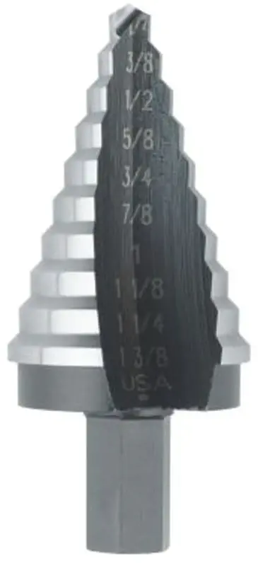 Irwin Unibit 10235 Step Drill Bit, 1/4 to 1-3/8 Dia, 3-1/8 OAL, 1-Flute, 1/2 Dia Shank, Hex Shank