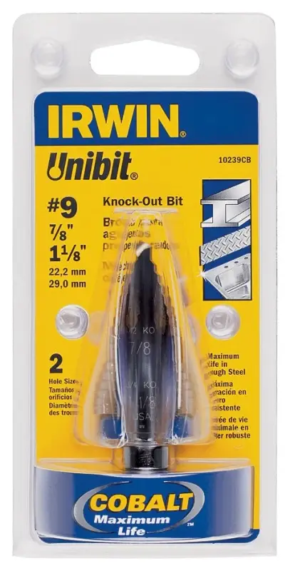 Irwin Unibit 10239 Step Drill Bit, 7/8 to 1-1/8 Dia, 1-Flute, 7/16 Dia Shank, Hex Shank