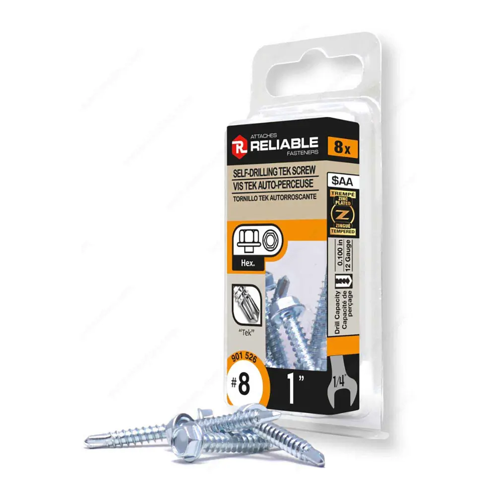 Self-Tapping Thread Zinc Plated All-metal Screw Hex Head Washer and Self-Drilling Point, #8 x 1" (8 Units)