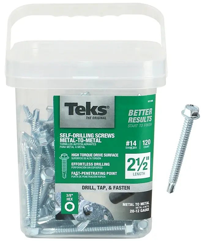 Teks 21358 Screw, #14 Thread, 2-1/2 L, Hex Drive, Self-Drilling, Self-Tapping Point, Chromed, Zinc