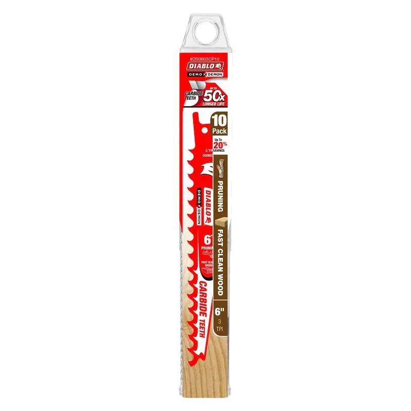 Diablo Demo Demon DS0603CP10 Reciprocating Saw Blade, Applicable Materials: Immaculate Wood, 1 W, 6 L, 3 TPI, 10/PK