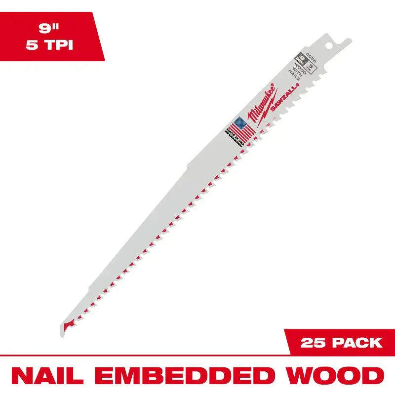 Milwaukee 48-00-8036 Reciprocating Saw Blade, 3/4 W, 9 L, 5 TPI, HSS Cutting Edge