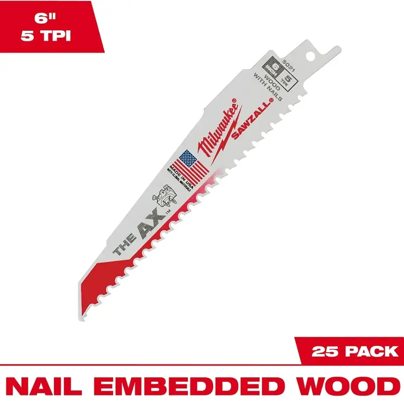Milwaukee AX SAWZALL 48-00-8021 Reciprocating Saw Blade, 6 L, 5 TPI, Bi-Metal Cutting Edge