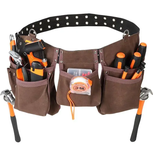 VEVOR Advanced 13 Pockets Tool Belt, Adjusts from 29 Inches to 54 Inches, Leather Heavy Duty Tool Pouch Bag Dual Hammer Lo...