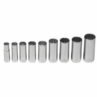 WRIGHT TOOL 9 Piece Deep Socket Set, 3/8-; 7/16-; 1/2-; 9/16-; 5/8-; 11/16-; 3/4-; 13/16-; 7/8-, 300
