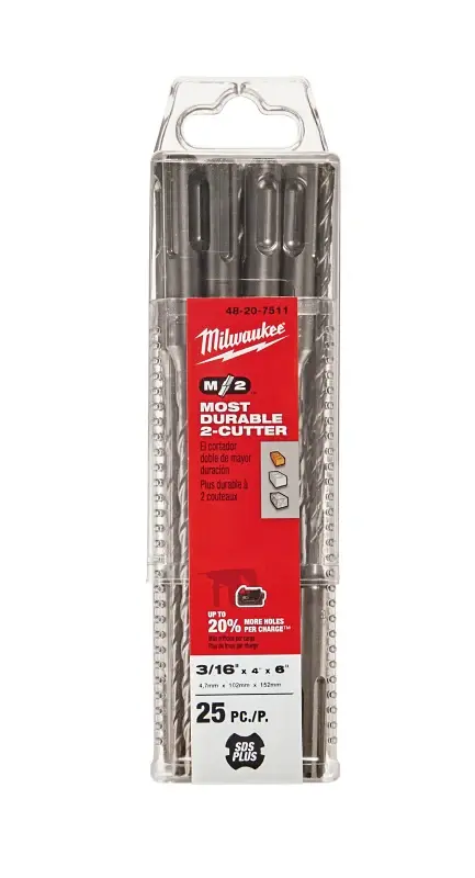 Milwaukee M2 48-20-7511 Drill Bit, 3/16 Dia, 6 OAL, Spiral Flute, 4-Flute, SDS Shank