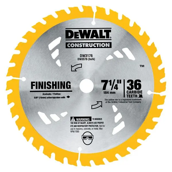DeWalt 7-1/4" 36T Unthreaded Crosscut Blade, DW3176