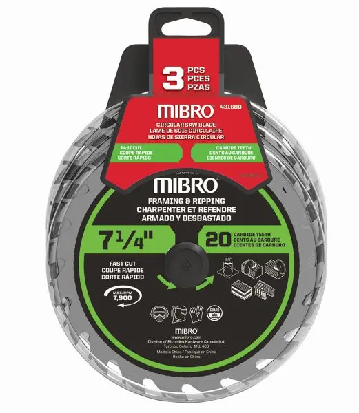MIBRO (3-Collection) 7 1/4-inch x 20 Tooth Carbide Tipped Circular Band Saw Blade Set Framing and Ripping, 431680