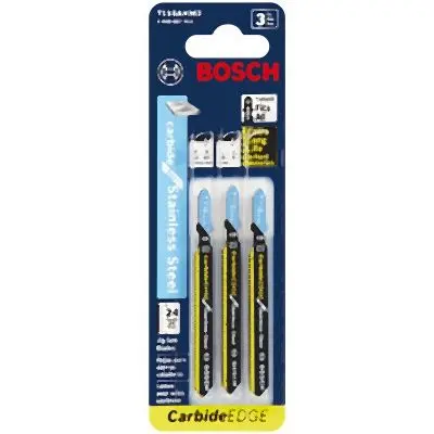 Bosch 3 pieces 3-1/4 Inches 24 TPI Carbide Edge Stainless Steel T-Shank Jig Hacksaw Blades, 2608667915