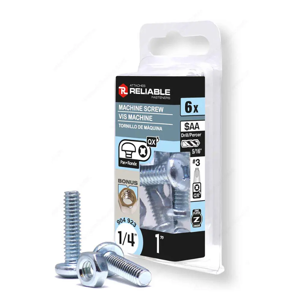 Zinc Plated Machine Pan Head Screw Nut and Quadrex Drive, 1/4" x 1" (6 Units)