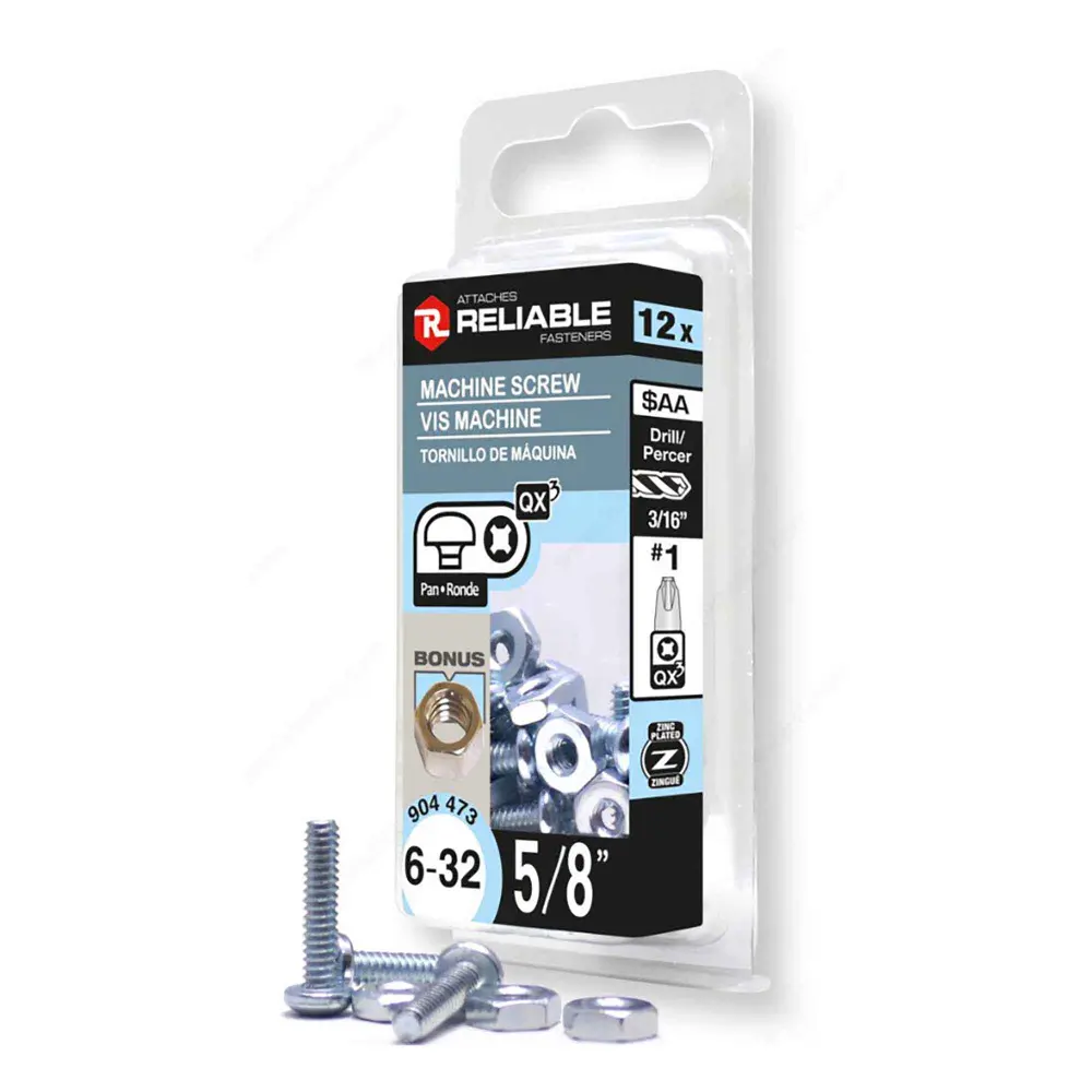 Zinc Plated Machine Pan Head Screw Nut and Quadrex Drive, 6-32 x 5/8" (12 Units)