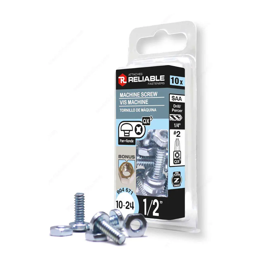 Zinc Plated Machine Pan Head Screw Nut and Quadrex Drive, 10-24 x 1/2" (10 Units)