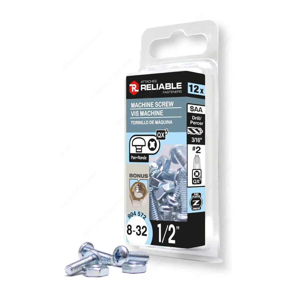 Zinc Plated Machine Pan Head Screw Nut and Quadrex Drive, 8-32 x 1/2" (12 Units)