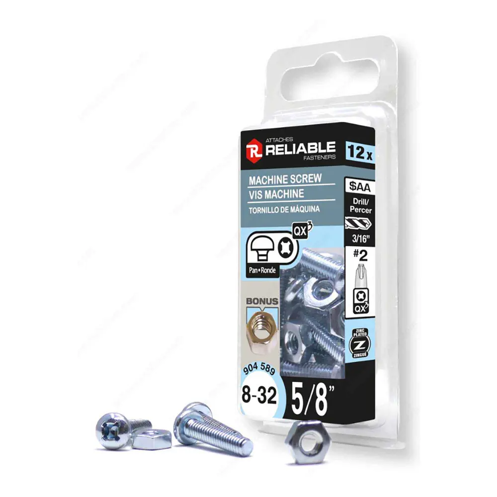 Zinc Plated Machine Pan Head Screw Nut and Quadrex Drive, 8-32 x 5/8" (12 Units)