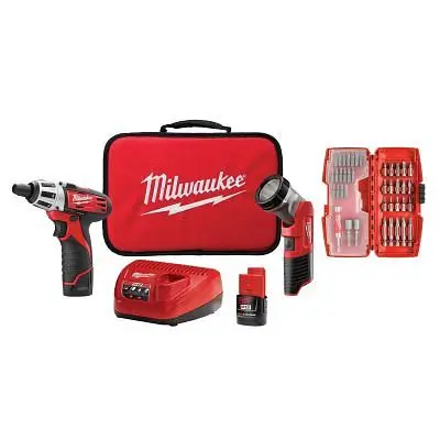 Milwaukee M12 Drywall Precision Screwdriver LED Worklight, 40 Pieces Bit Set, (2) 1.5 Ah Battery Bag, 2482-22