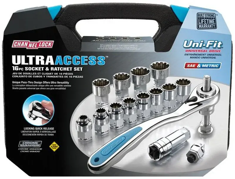Channellock 39100 Socket Set, Steel, Chromium, Specifications: 3/8 Drive Size