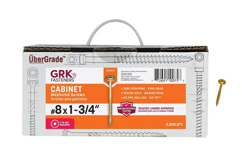 GRK Fasteners 10075 Cabinet Screw, #8 Thread, 1-3/4 L, Low-Profile, Washer Head, Star Drive, Alloy, 2000 BX