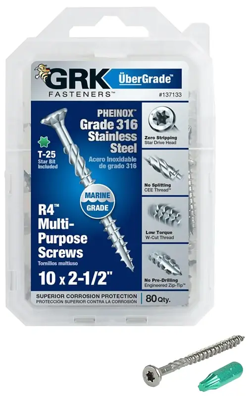 GRK Fasteners 137133 Framing and Decking Screw, #10 Thread, 2-1/2 L, Flat Head, Star Drive, 316 Stain-resistant Steel