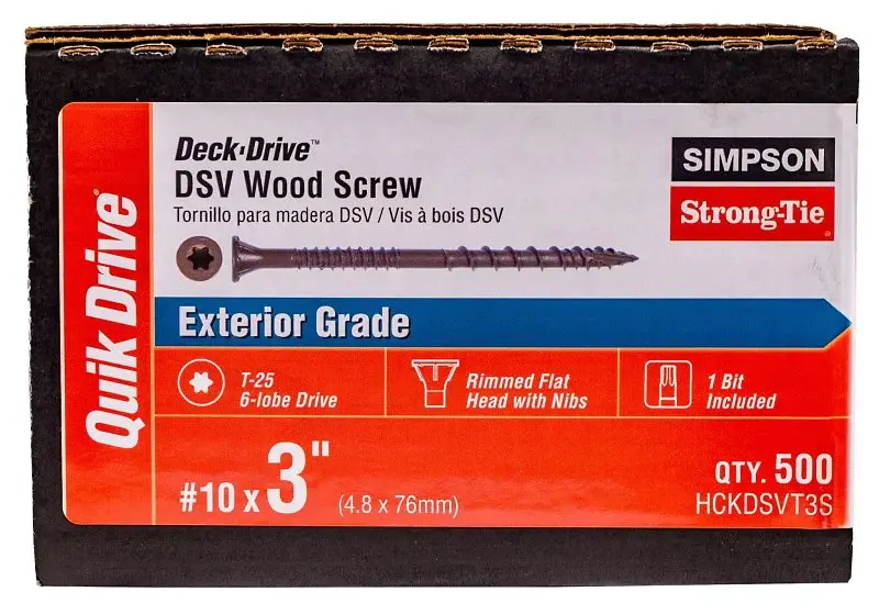 Simpson Strong-Tie Deck-Drive HCKDSVT3S DSV Wood Screw, #10 Thread, 3 L, Rimmed Flat Ribs Head, T25 Drive