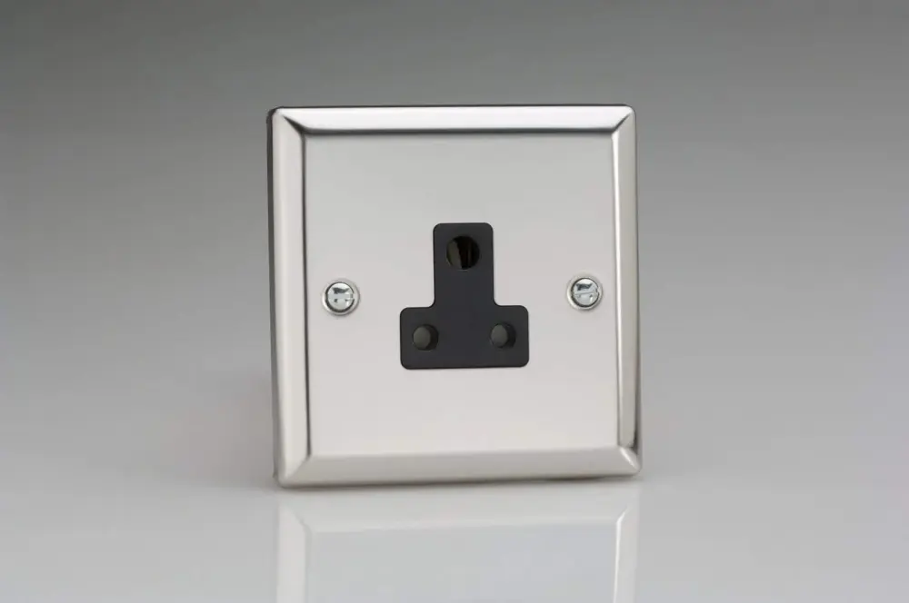 Flush Mount Varilight 1-Gang 5A Round Pin Plug Socket Mirror Chromium XCRP5AB