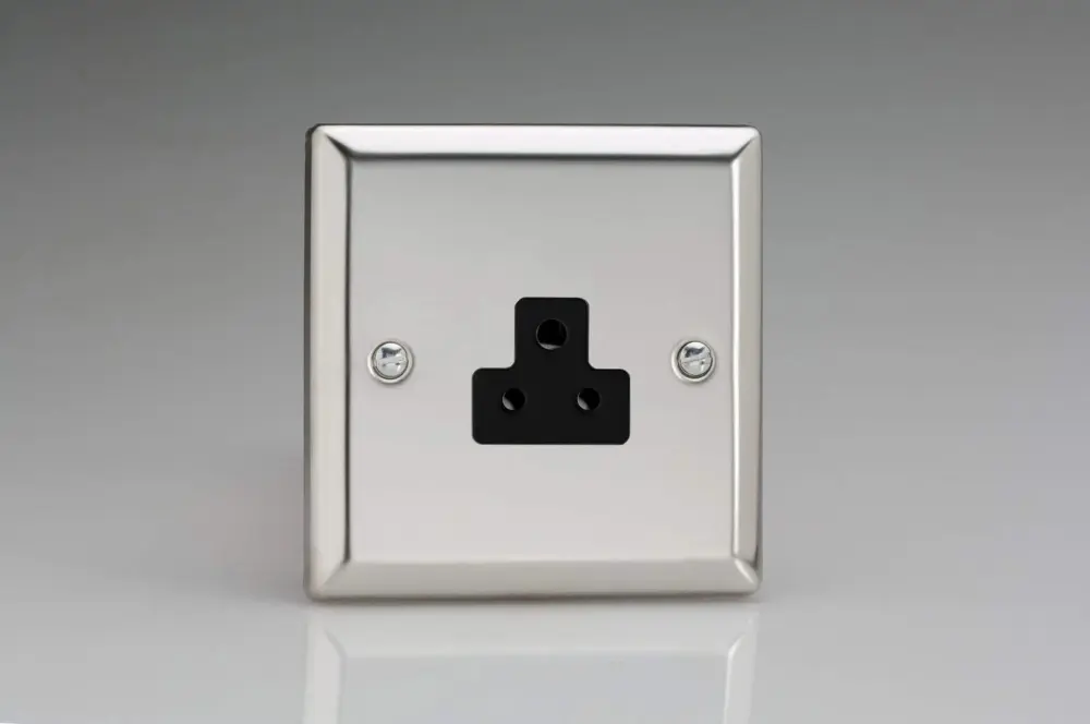 Varilight 1-Gang 2A Round Pin Plug Socket Mirror Shiny metal XCRP2AB