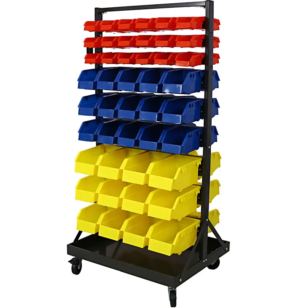 90 Parts Bin Shelving Storage Organizer Locking Wheels Shop Garage And Home - Black / Amber