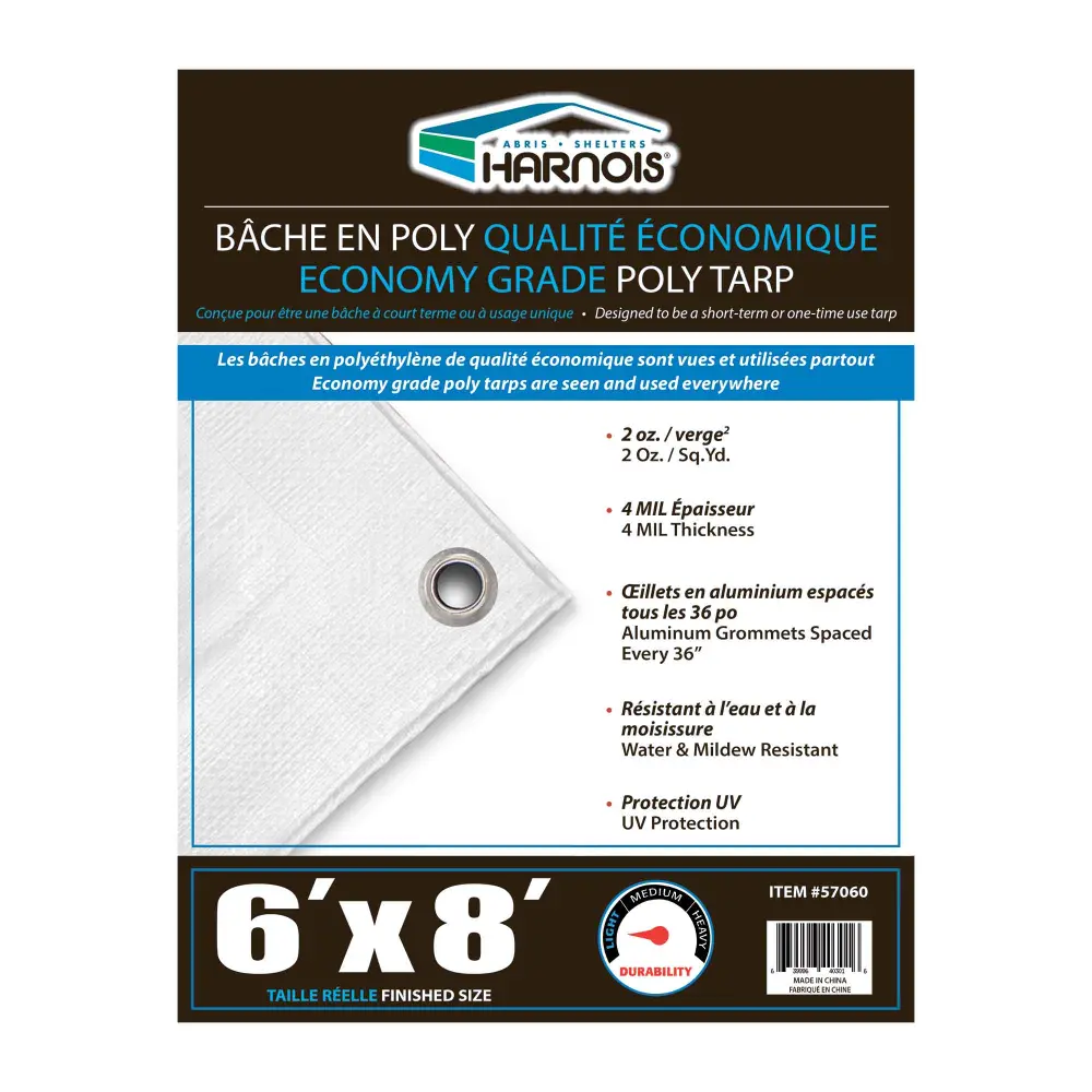 Economy Grade Clear Alabaster Poly Tarps, 6' x 8' Ratchet Strap Included