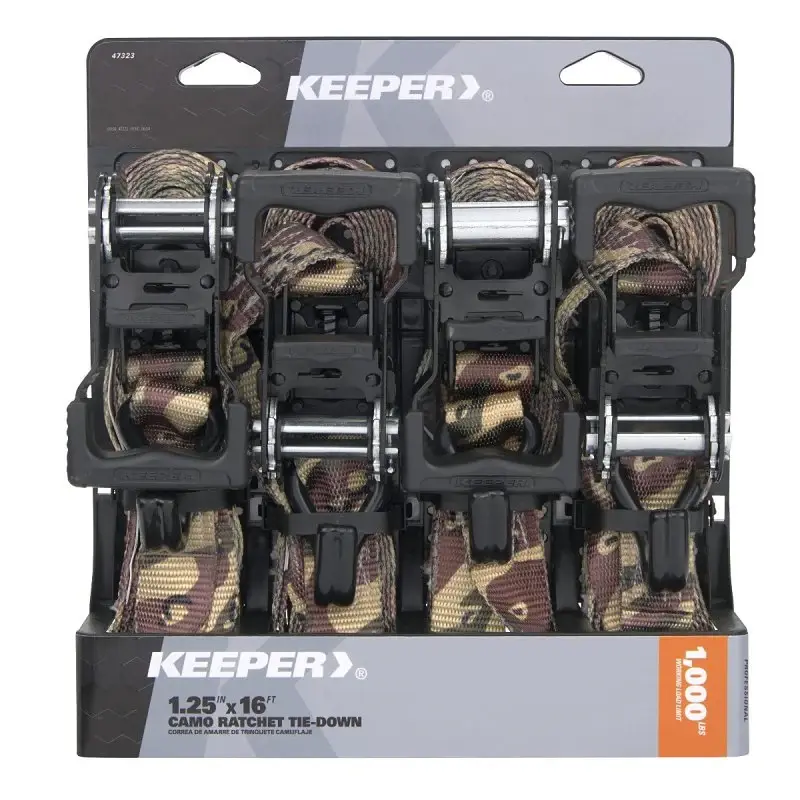Keeper 47323 Ratchet Tie-Down Open Handle, 1-1/4 W, 16 ft L, Camo, 1000 lb Working Load, J-Hook End