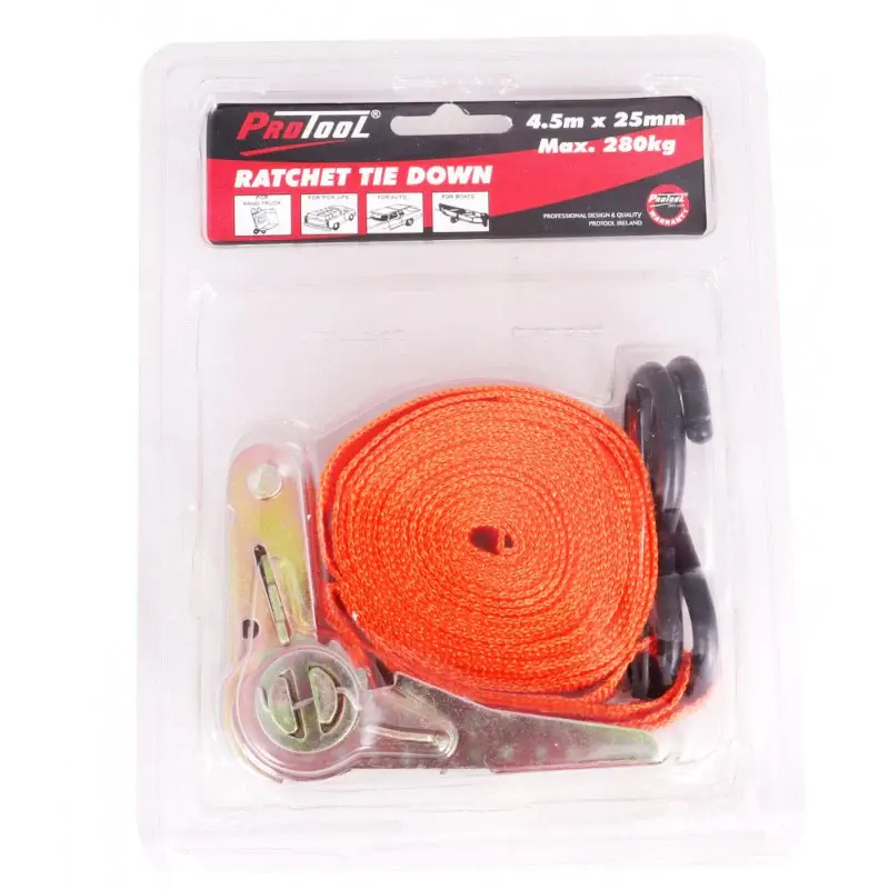 Protool 1 Tonne Ratchet Tie Down 4.5m x 25mm Max 280kg (Pack 5) Compatible Canopy Frames