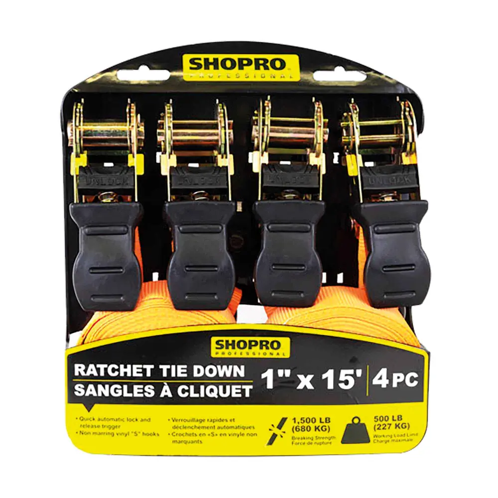 Ratchet Tiedown 1" x 15' 500 lbs Max Load, 4 Units
