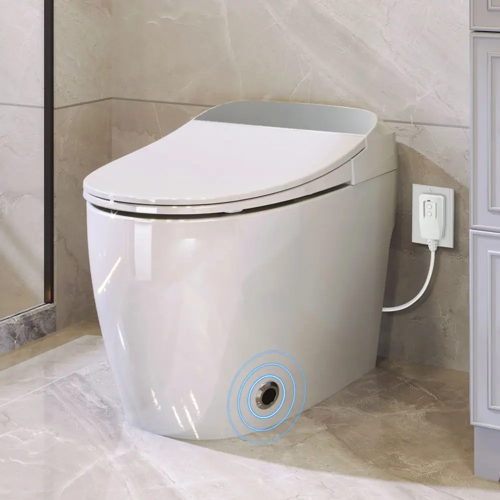 Heated Seat Wi-fi Toilet, One Piece Toilet, Automatic Flush Tank Less Toilet Without Bidet, Foot Sensor Flush - White Nigh...