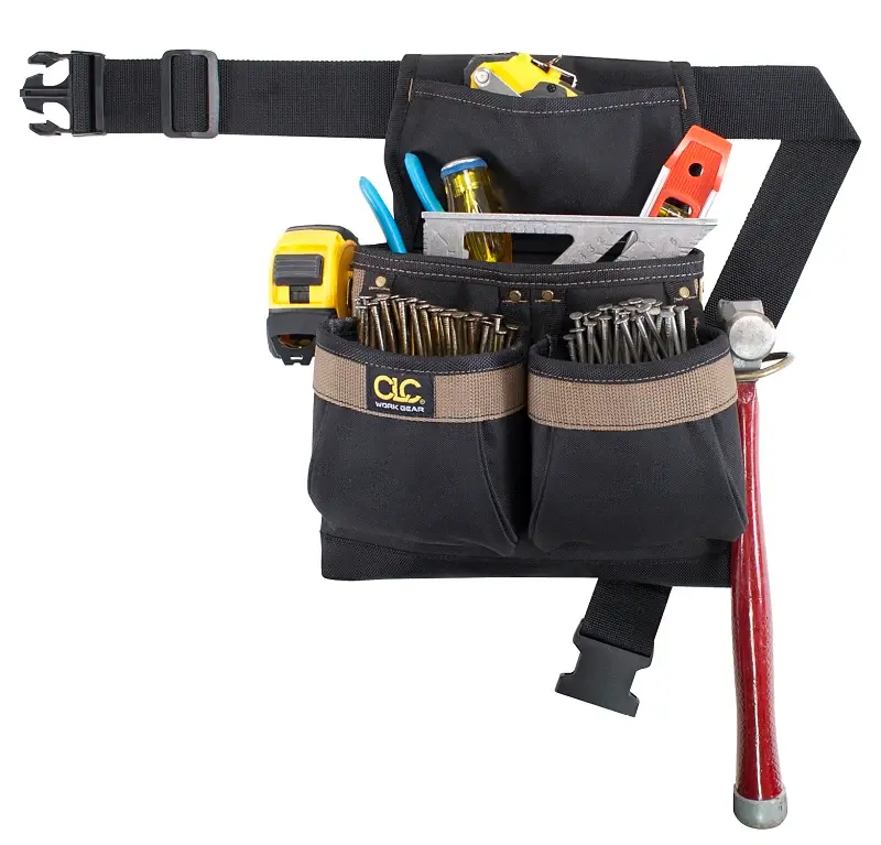 Pegboard Compatible CLC PK1836 Nail/Tool Bag, 5-Pocket, Synthetic fiber, Black/Brown