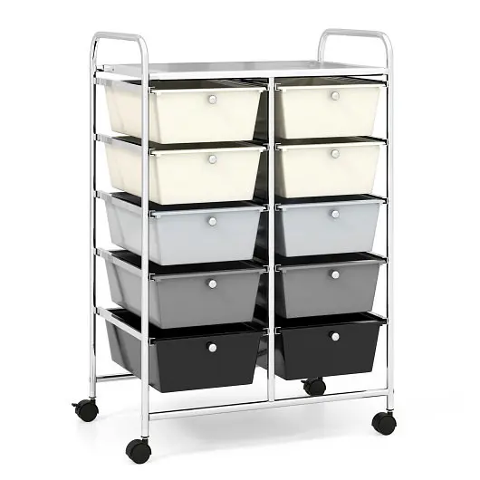 Costway 10-Drawer Rolling Storage Cart, Beige & Silver Gray, JV11073JS