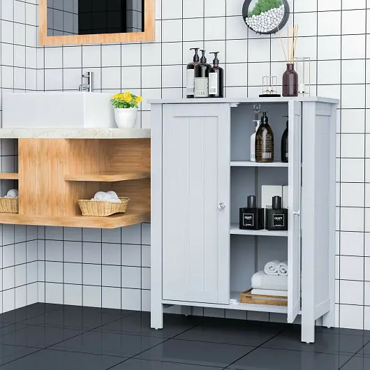 Costway 2-Door Bathroom Floor Storage Cabinet Space Saver Arranger, Brushed Silver Gray, HW66188GR