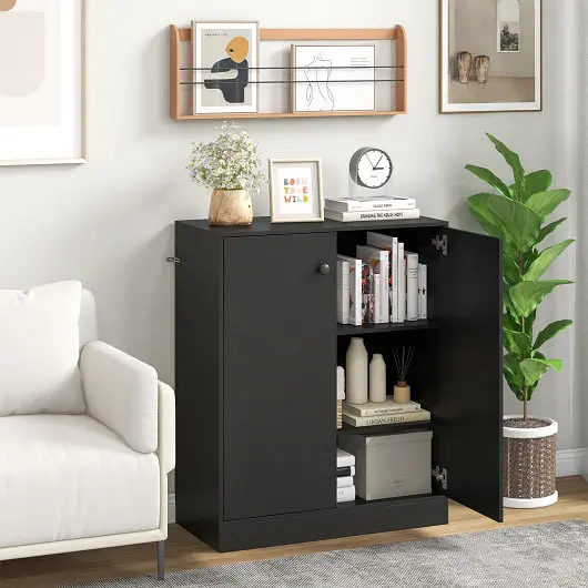 Costway 2-Door Modern Floor Storage Cabinet 3-Tier Shelf, Black, JZ10234DK